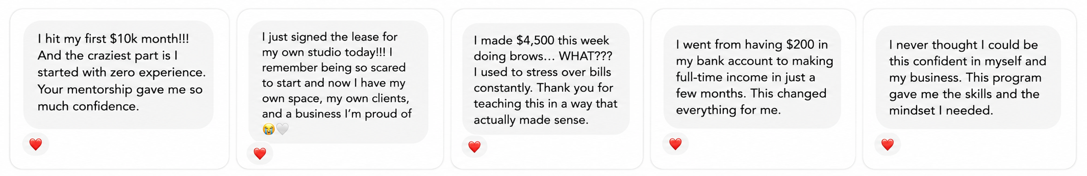 Text testimonials from a customer about a business training program, with positive feedback on confidence and financial growth.