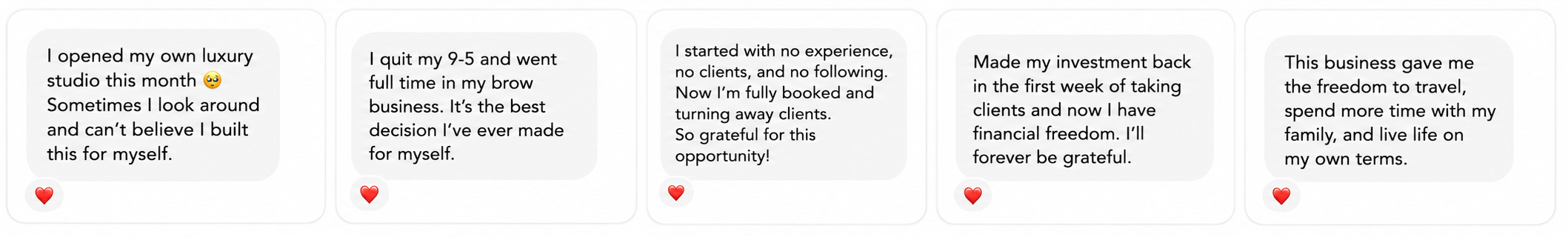 Text testimonials from a customer about a business training program, with positive feedback on confidence and financial growth.
