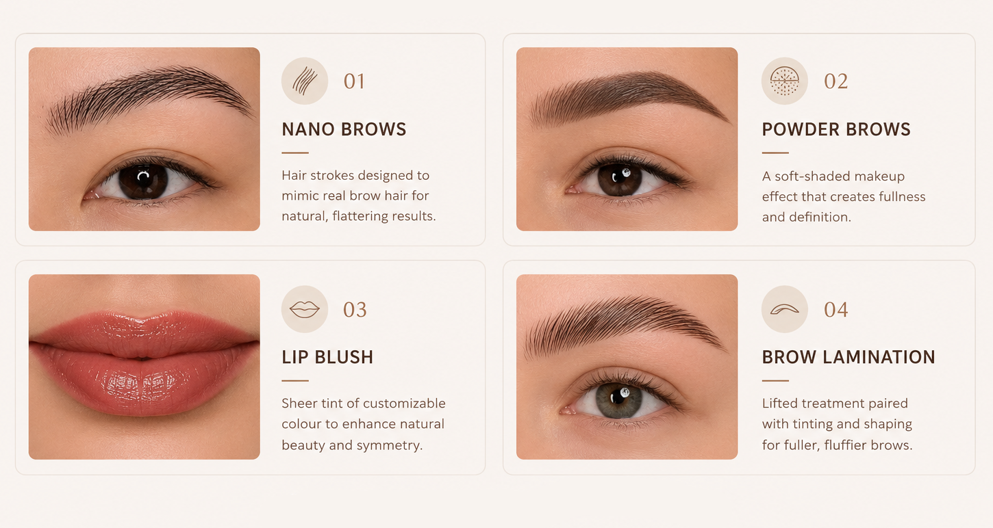 Cosmetic product display with text describing Nano Brows, Powder Brows, Lip Blush, and Brow Lamination.